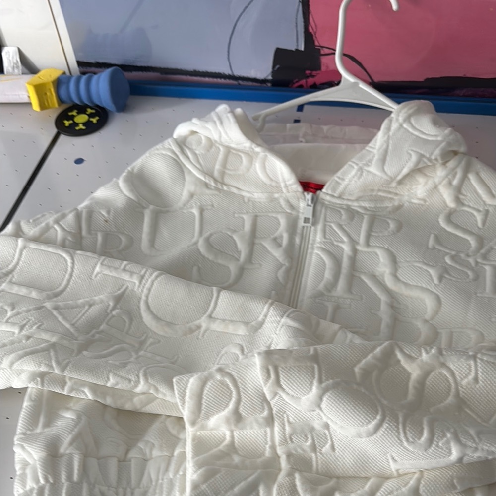 White Embossed Zip-Up Hoodie